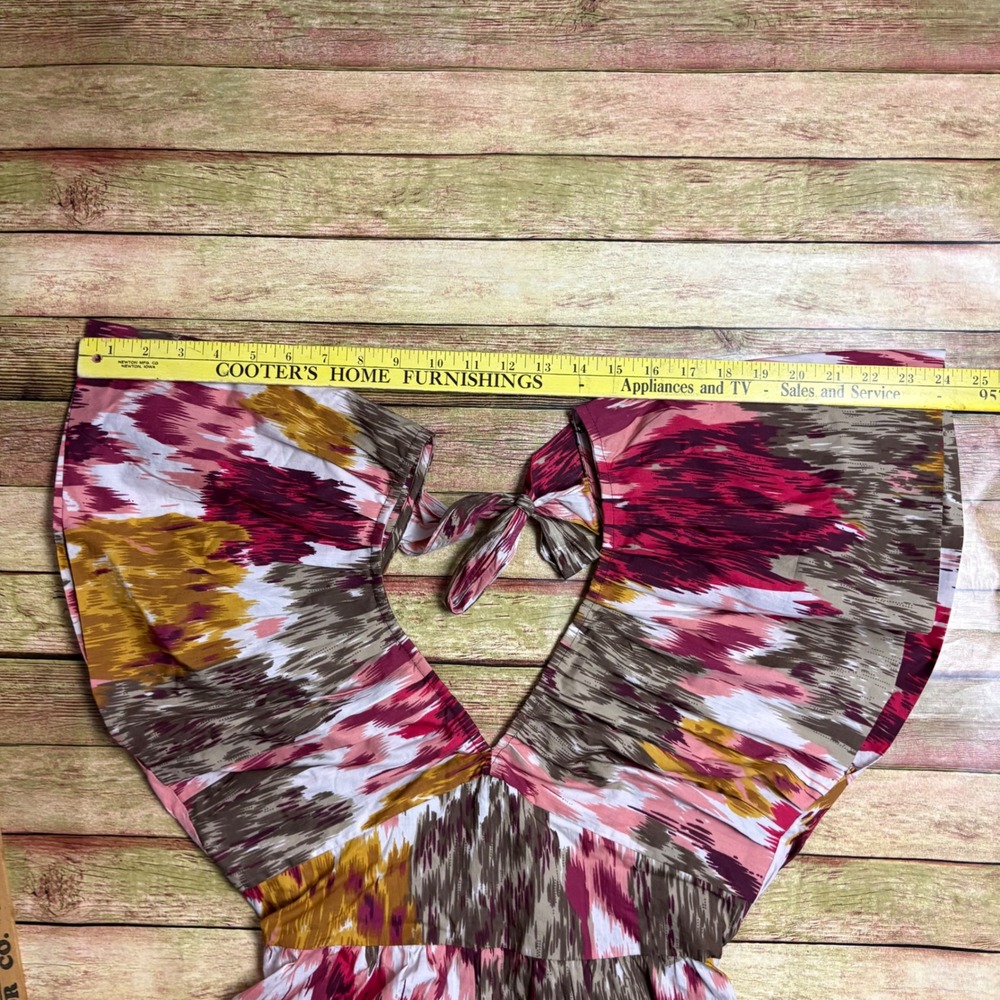 Love the Label Abstract Ikat Flutter Sleeve Tie Back Peplum Top Pink Ochre XS - Picture 7 of 7